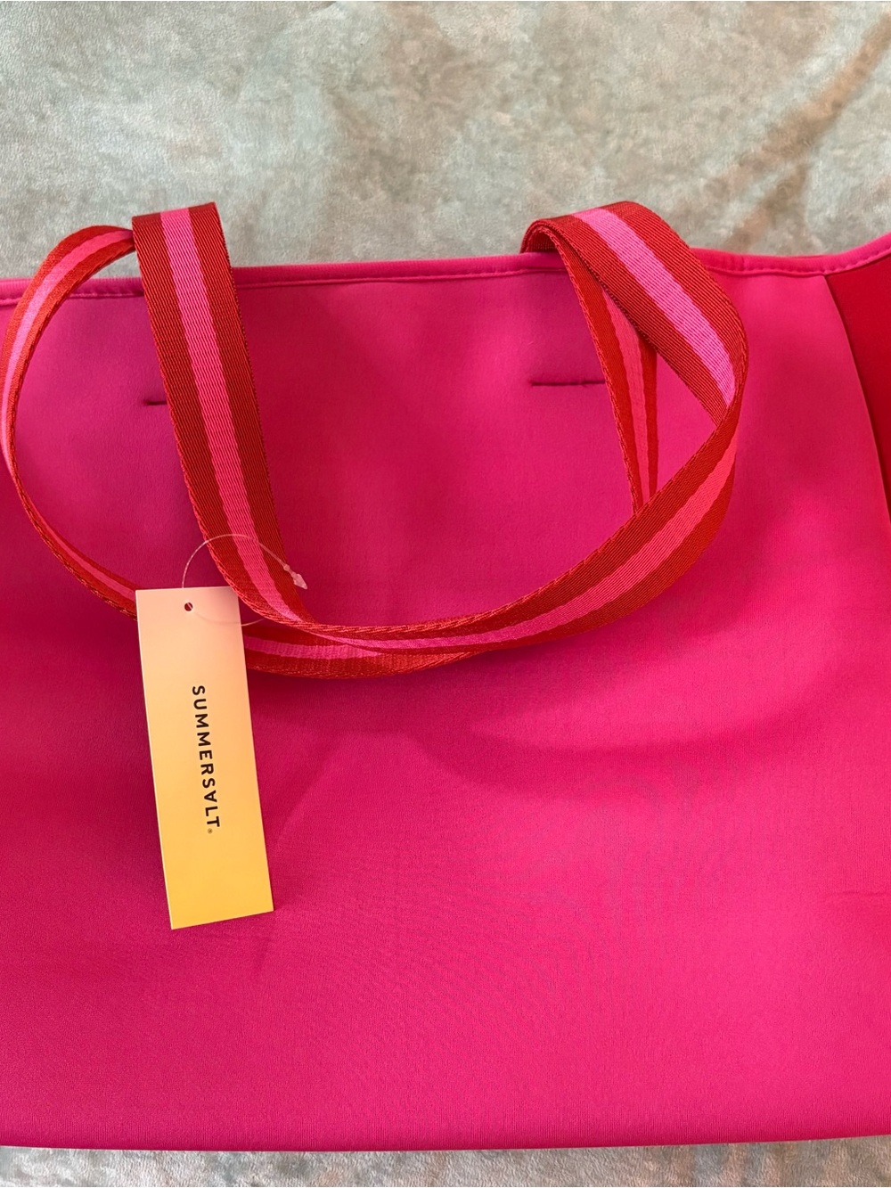 summersalt Bright Hot Pink Tote with Red & Light Pink Striped Handles